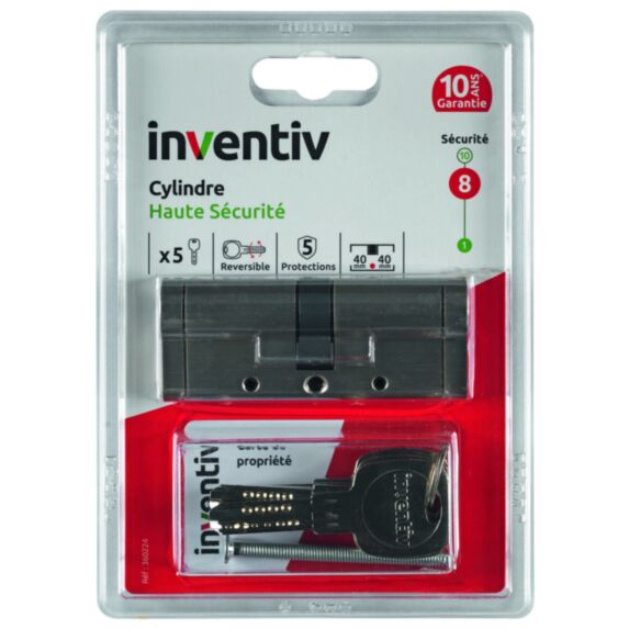 Cylindre de Serrure Haute Sécurité 5 Protections L.40+40mm - INVENTIV