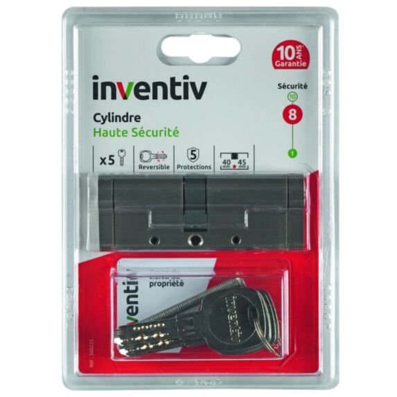 Cylindre de Serrure Haute Sécurité 5 Protections L.40+45mm - INVENTIV