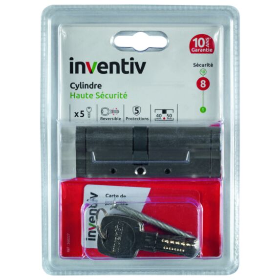 Cylindre de Serrure Haute Sécurité 5 Protections L.40+50mm - INVENTIV