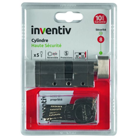 Cylindre de Serrure Haute Sécurité 5 Protections L.30+40mm - INVENTIV