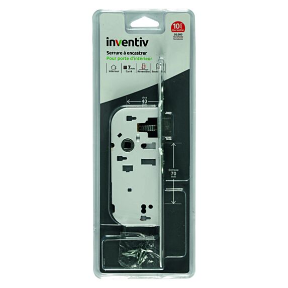 Serrure à encastrer porte sans fermeture, axe 40mm - INVENTIV
