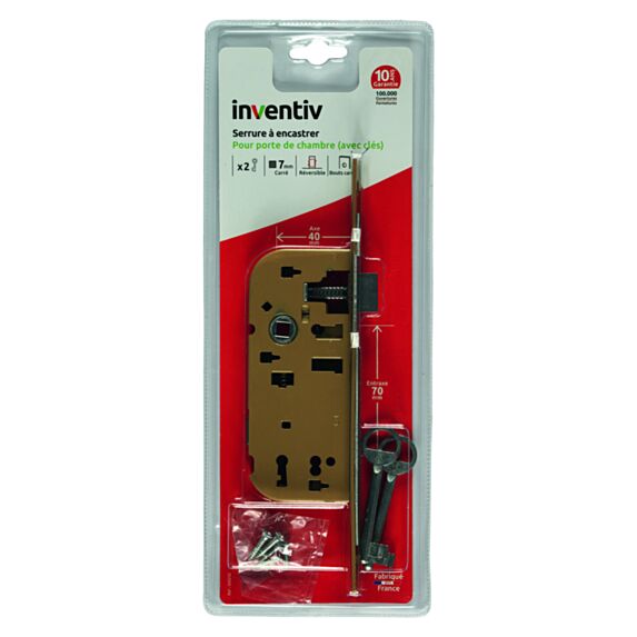 Serrure à encastrer 2 clés, axe 40mm - INVENTIV