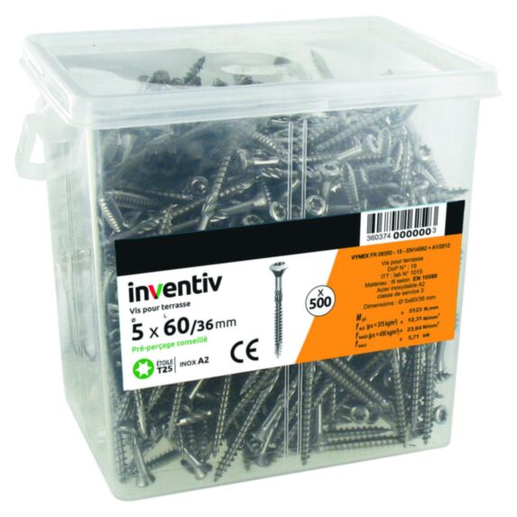 500 vis étoile Inox pour terrasse bois A2 5x60mm - INVENTIV