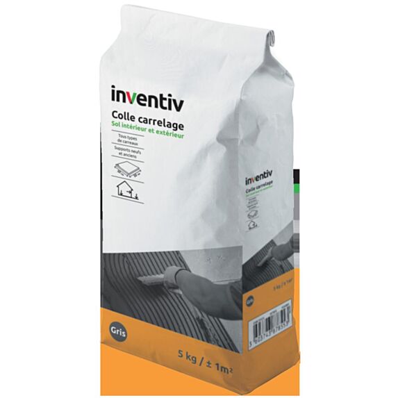 Colle carrelage sol intérieur et extérieur C2 gris 5kg - INVENTIV