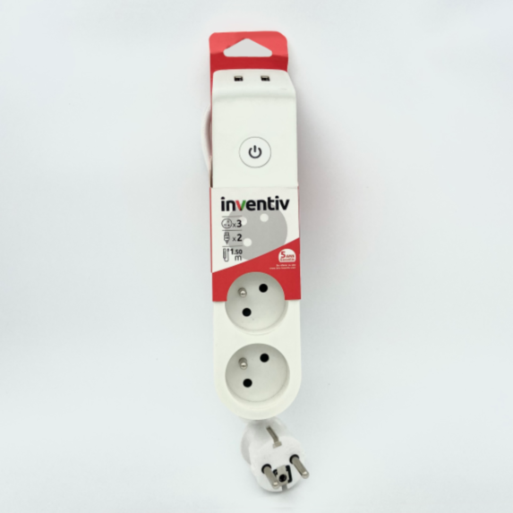 Multiprise 3 Prises 2P+T 16A Interrupteur 2 USB 1,50m Blanc - INVENTIV
