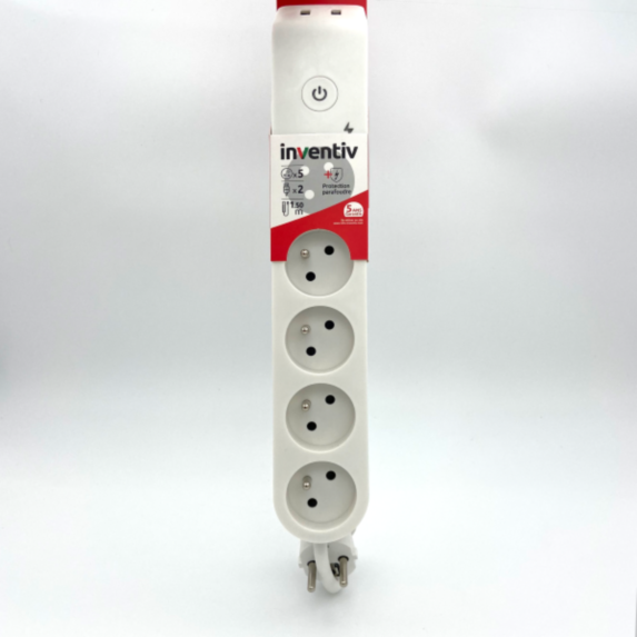 Multiprise 5 Prises 2P+T 16A Interrupteur 2 USB 1,50m Blanc - INVENTIV