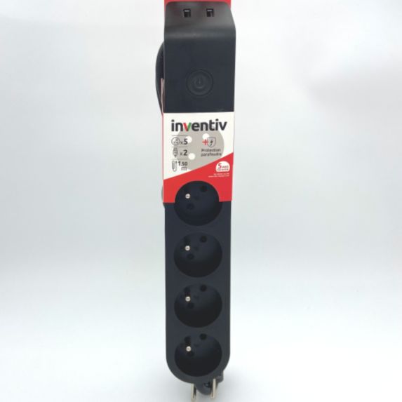 Multiprise 5 Prises 2P+T 16A Interrupteur 2 USB 1,50m Noir Gris - INVENTIV