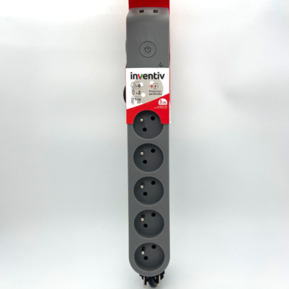 Bloc 6 Prises 2P+T + 2 USB avec Parasurtenseur Gris/ Noir - INVENTIV