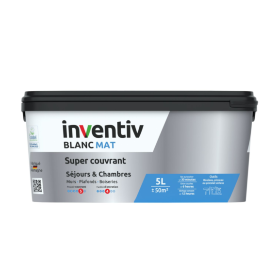 Peinture murs/plafonds super couvrant Blanc mat 5L  - INVENTIV