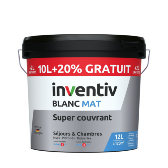 Peinture mur & plafond Super Couvrant Blanc Mat 10L+20% - INVENTIV