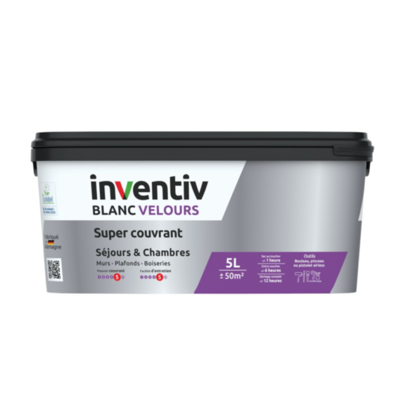 Peinture murs/plafonds super couvrant Blanc velours 5L  - INVENTIV