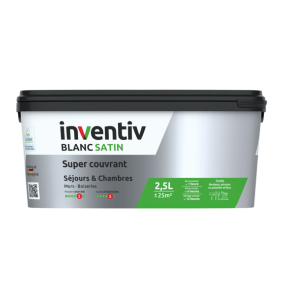 Peinture murs/plafonds super couvrant Blanc satin 2,5L  - INVENTIV