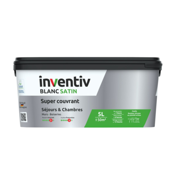 Peinture murs/plafonds super couvrant Blanc satin 5L  - INVENTIV