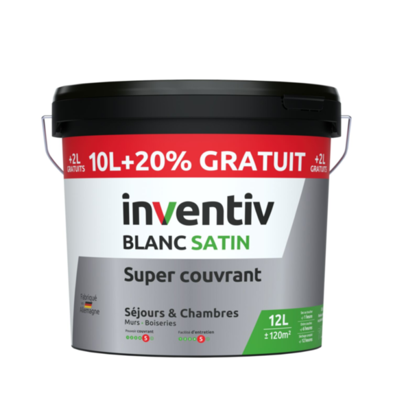 Peinture mur & plafond Super Couvrant Blanc Satin 10L+20% - INVENTIV
