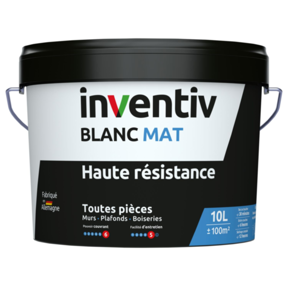 Peinture murs/plafonds haute résistance Blanc mat 10L  - INVENTIV