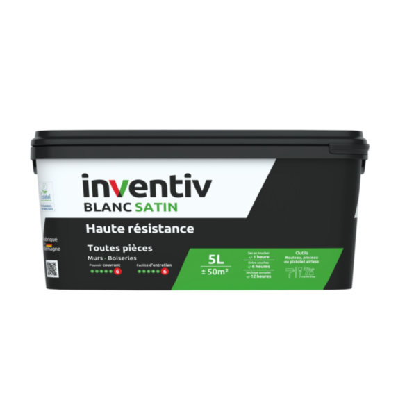 Peinture murs/plafonds haute résistance Blanc satin 5L  - INVENTIV