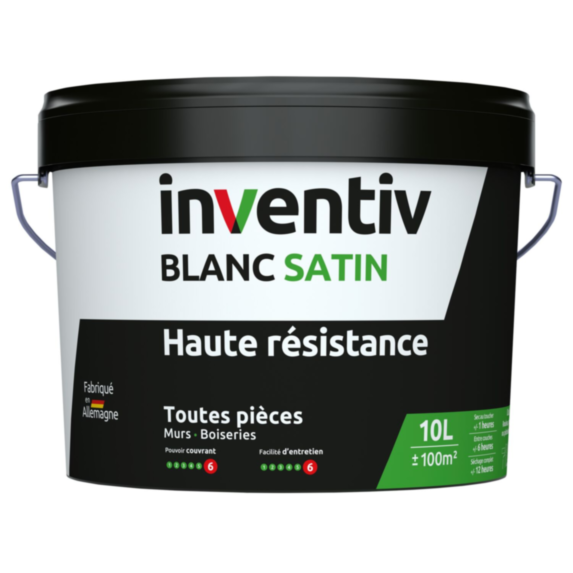 Peinture murs/plafonds haute résistance Blanc satin 10L  - INVENTIV
