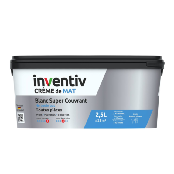 Peinture murs/plafonds crème Blanc mat 2,5L  - INVENTIV