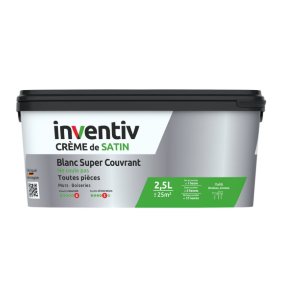 Peinture murs & plafonds crème Blanc satin 2,5L  - INVENTIV