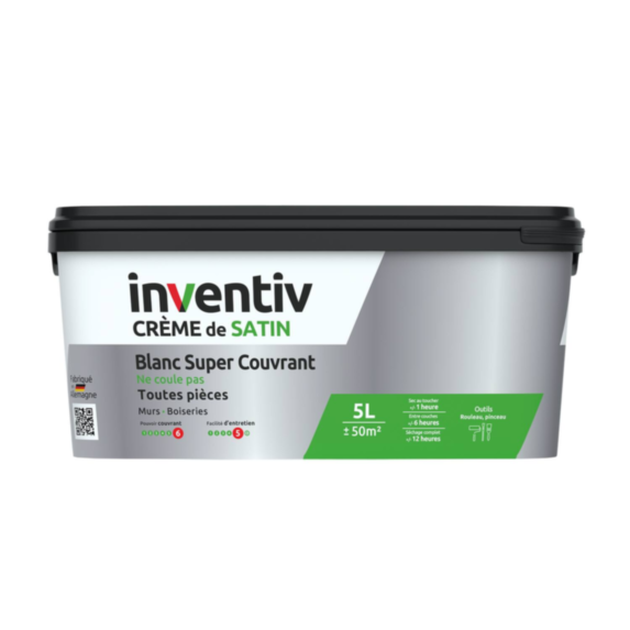 Peinture murs/plafonds crème Blanc satin 5L  - INVENTIV