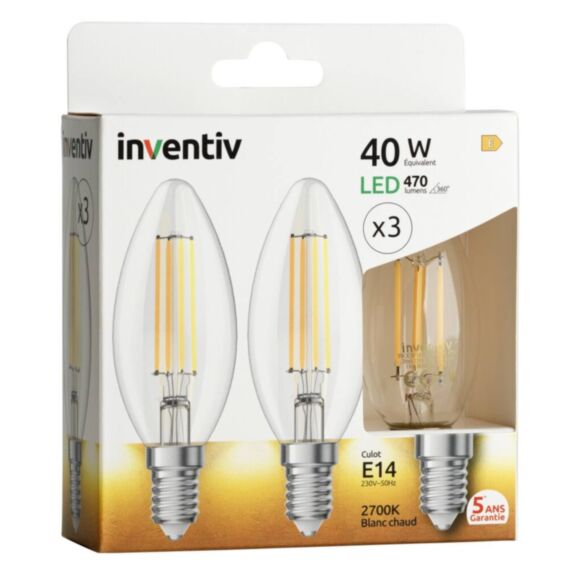 3 ampoules Filament LED Flamme Transparent E14 470Lm 40W 2700K Blanc chaud - INVENTIV