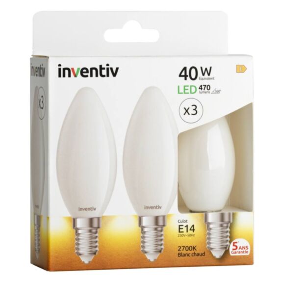3 ampoules Filament LED Flamme Opaque E14 470Lm 40W 2700K Blanc chaud - INVENTIV
