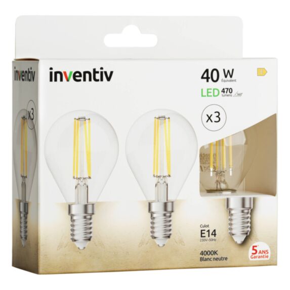 3 ampoules Filament LED P45 Transparent E14 470lm 40W 4000K Blanc neutre - INVENTIV