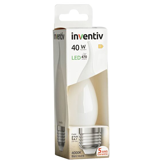Ampoule Filament LED Flamme Coupe vent Opaque E27 470Lm 40W 4000K Blanc neutre - INVENTIV