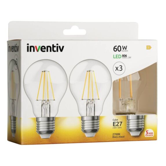 3 ampoules Filament LED A60 Transparent E27 806lm 60W 2700K Blanc chaud - INVENTIV