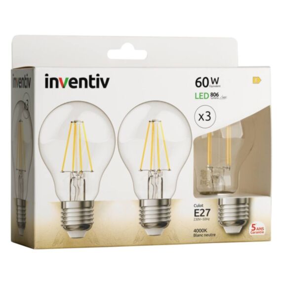 3 ampoules Filament LED Transparent E27 806Lm 60W 4000K Blanc neutre - INVENTIV