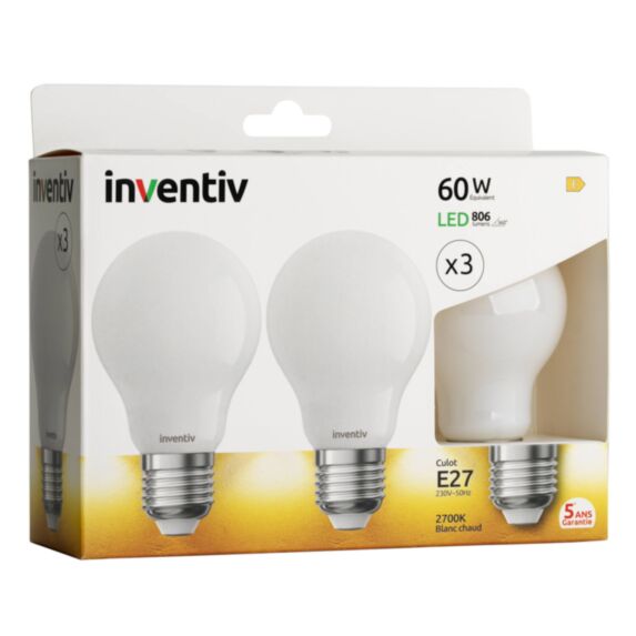 3 ampoules Filament LED A60 Opaque E27 806Lm 60W 2700K Blanc chaud - INVENTIV