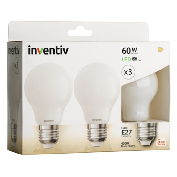 3 ampoules Filament LED Opaque E27 806Lm 60W 4000K Blanc neutre - INVENTIV