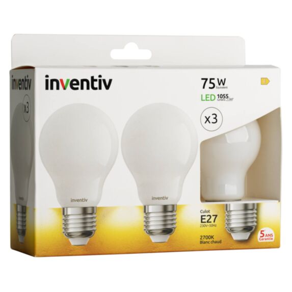 3 ampoules Filament LED A60 Opaque E27 1055Lm 75W 2700K Blanc chaud - INVENTIV