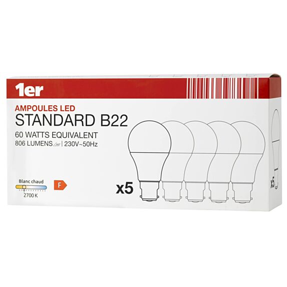 5 ampoules LED SMD culot B22 806Lm 60W 2700K Blanc chaud - INVENTIV