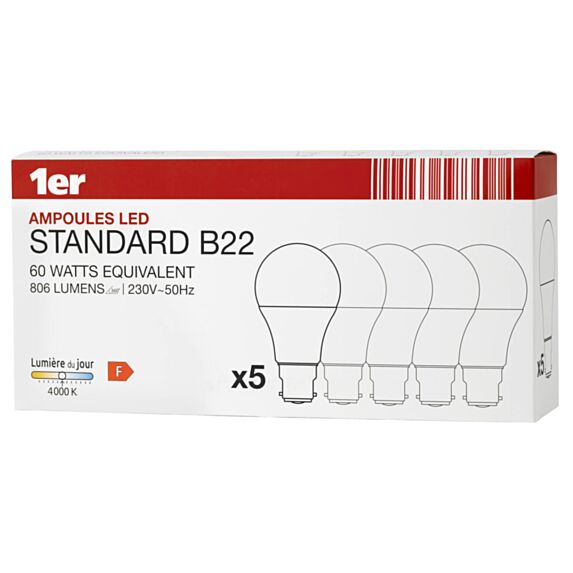 5 Ampoules LED A60 culot B22 806Lm 60W 4000K Blanc neutre - INVENTIV