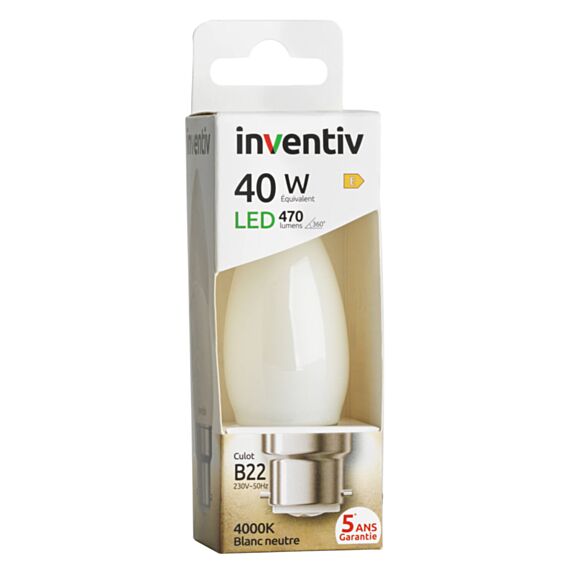 Ampoule Filament LED Flamme Opaque culot B22 470Lm 40W 4000K Blanc neutre - INVENTIV