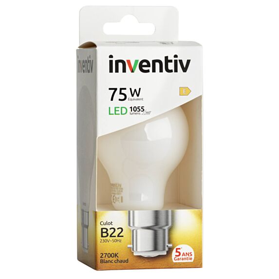 Ampoule Filament LED A60 Opaque culot B22 1055Lm 75W 2700K Blanc chaud - INVENTIV