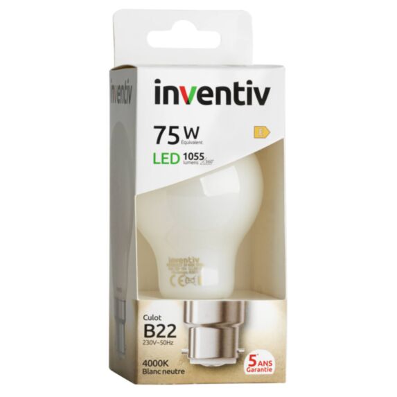 Ampoule Filament LED A60 Opaque culot B22 1055Lm 75W 4000K Blanc neutre - INVENTIV