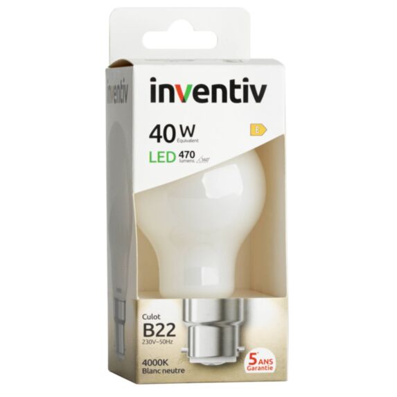 Ampoule Filament LED A60 Opaque culot B22 470Lm 40W 4000K Blanc neutre - INVENTIV