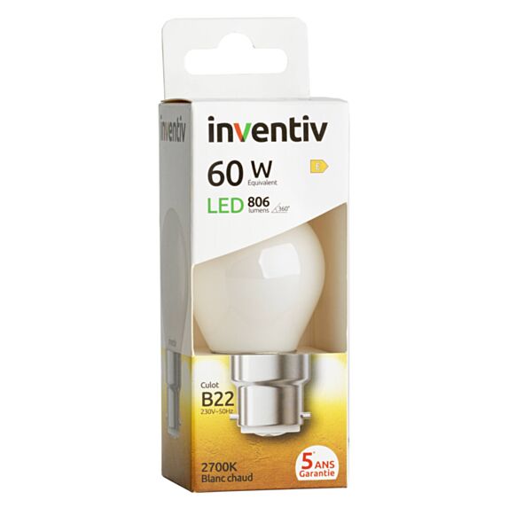 Ampoules Filament LED P45 Opaque culot B22 806Lm 60W 2700K Blanc chaud - INVENTIV
