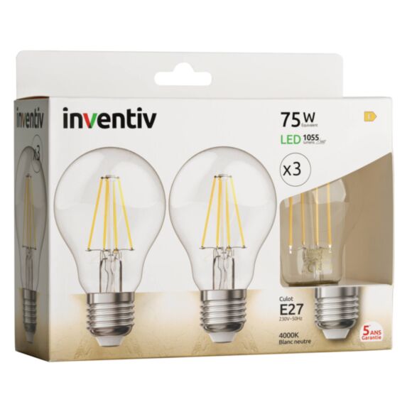 3 Ampoules Filament LED A60 Transparent E27 1055lm 4000K Blanc neutre - INVENTIV