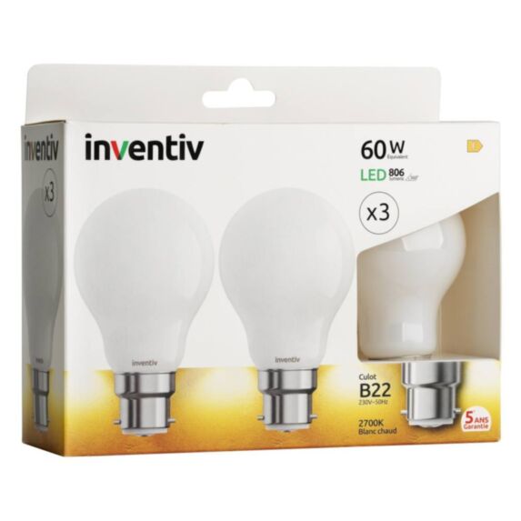 3 Ampoules Filament LED A60 B22 806lm 2700K Blanc chaud - INVENTIV