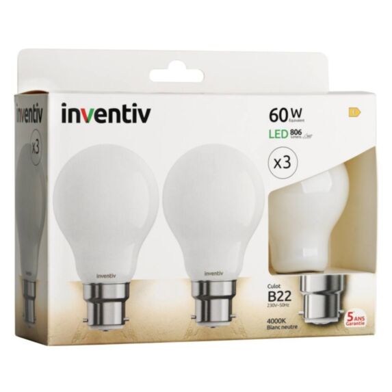 3 Ampoules Filament LED A60 B22 806lm 4000K Blanc neutre - INVENTIV