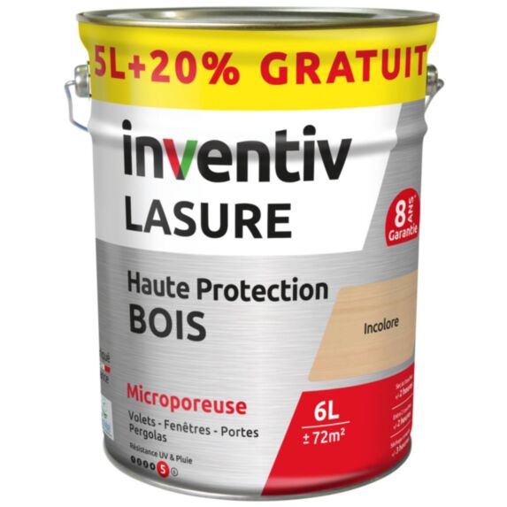 Lasure Haute Protection bois 8 ans Blanc 5L+20% - INVENTIV
