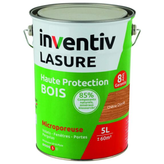 Lasure Bio Haute Protection Bois 8 ans chêne Doré 5L - INVENTIV