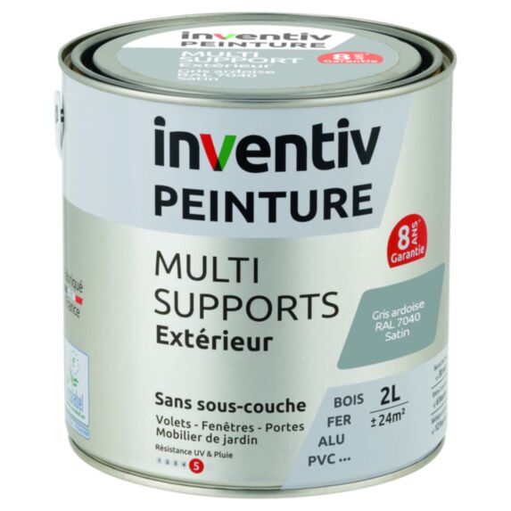 Peinture Extérieure Bois Fer Plastique Gris Ardoise Satiné 2L - INVENTIV