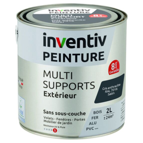 Peinture Extérieure Bois Fer Plastique Gris Anthracite Satiné 2L - INVENTIV