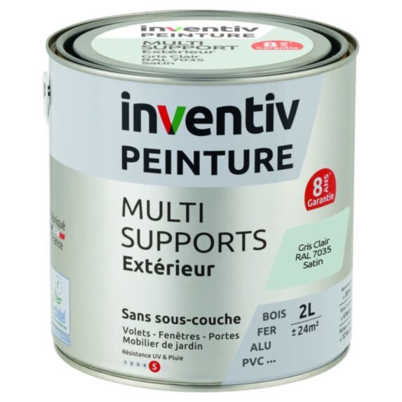 Peinture Extérieure Bois Fer Plastique Gris Clair Satiné 2L - INVENTIV