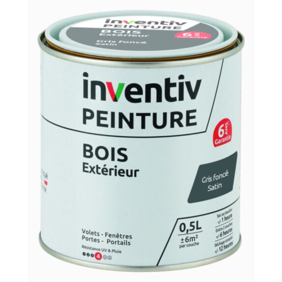 Peinture extérieure bois 6 ans gris foncé satin 0,5 L - INVENTIV