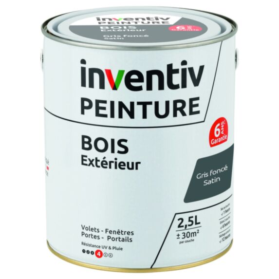 Peinture extérieure bois 6 ans gris foncé satin 2,5 L - INVENTIV